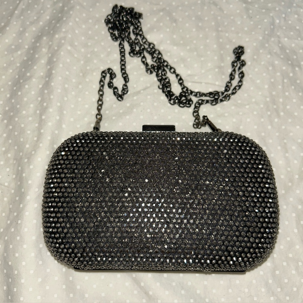 Vintage CACHE Beaded Crystal Hard Shell Clutch Black Evening